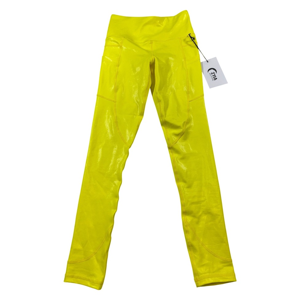 Zyia Active Neon Yellow Metallic High Waisted Leggings with Pockets Size 0 NEW